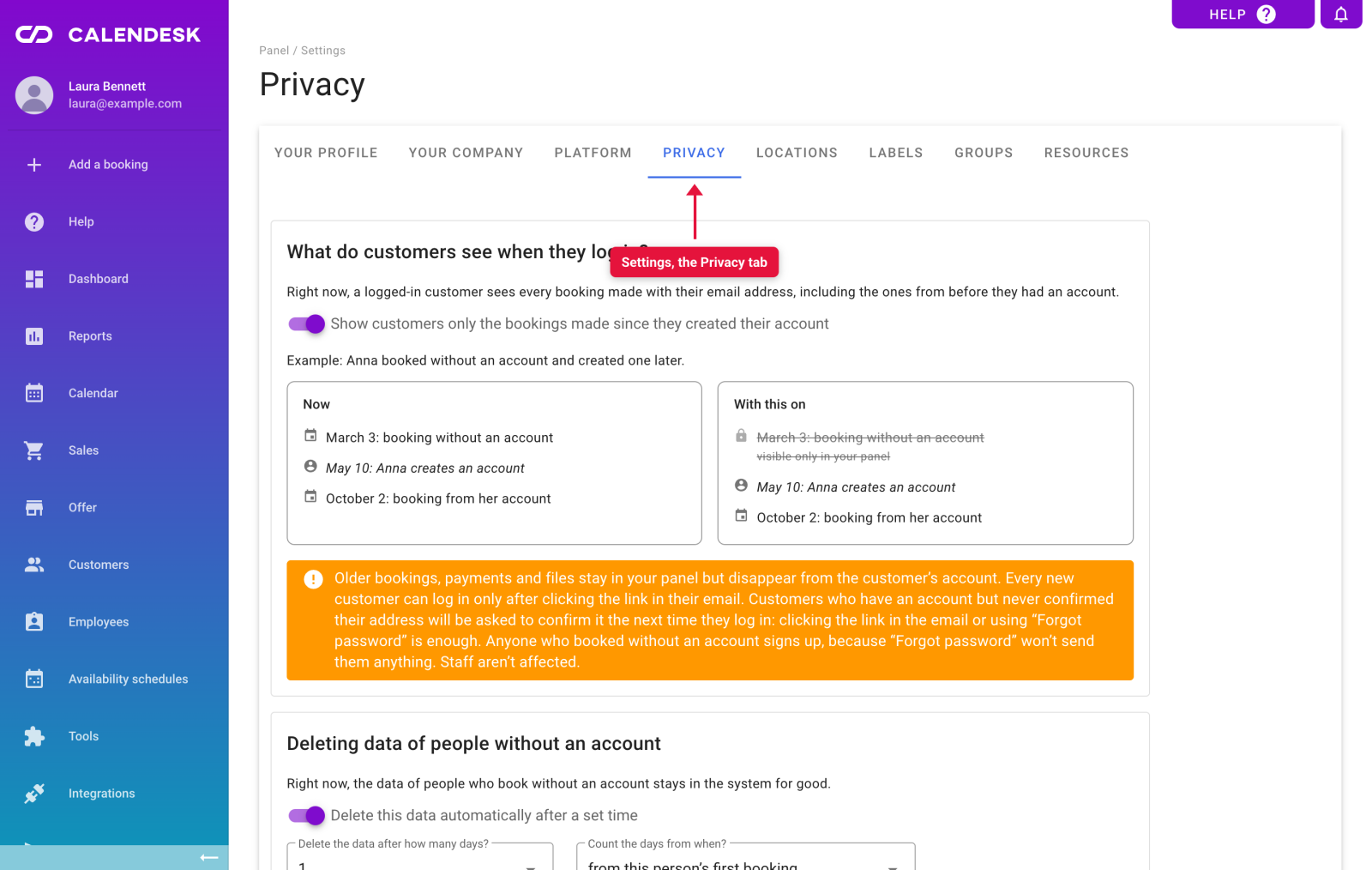 The Privacy tab in Calendesk settings
