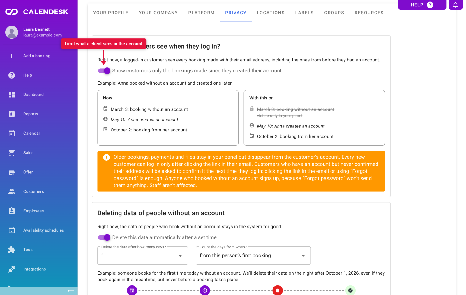 Setting: show customers only bookings made since they created the account