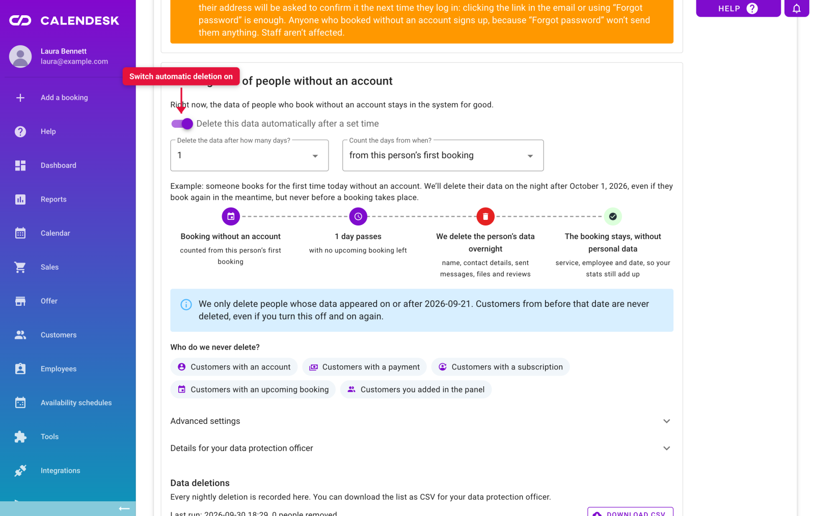 Automatic deletion of guest data switched on