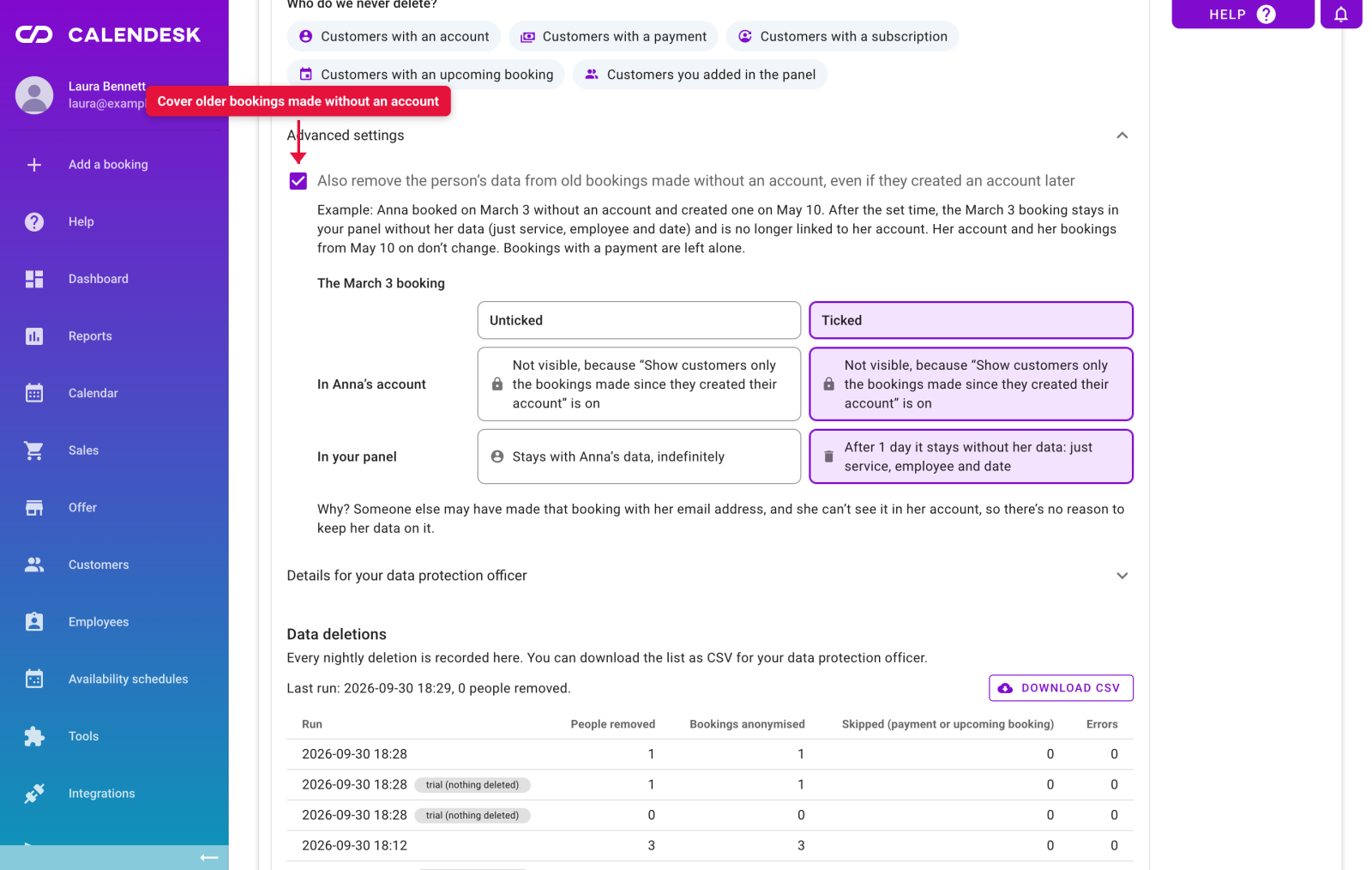Advanced settings: deleting personal data from older guest bookings