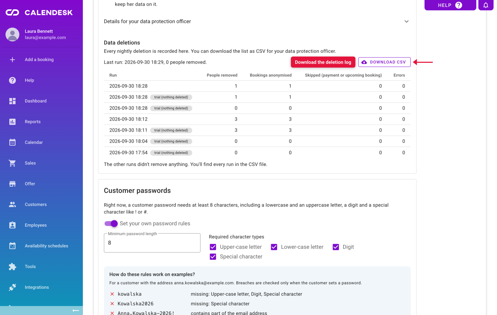 The deletion log with the download CSV button