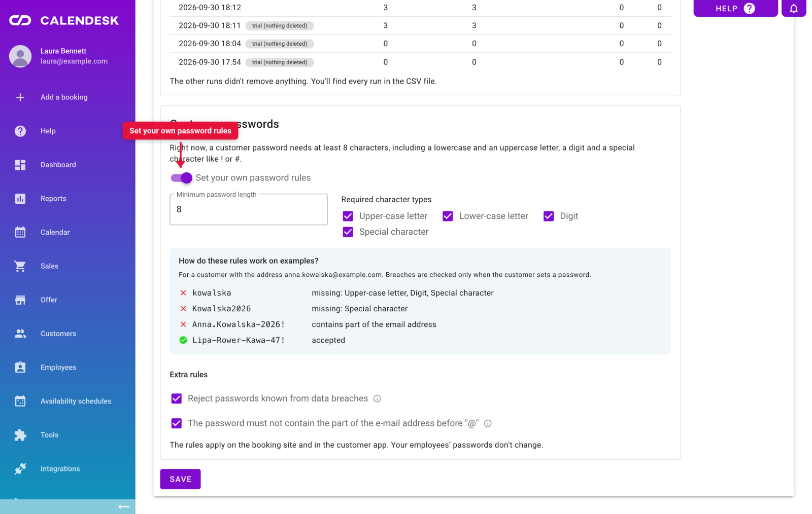 Customer passwords card in the privacy settings