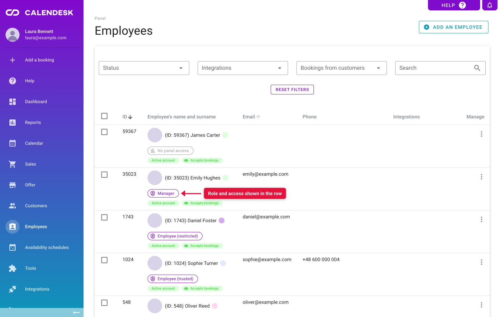 Employee list with the role and panel access in the row