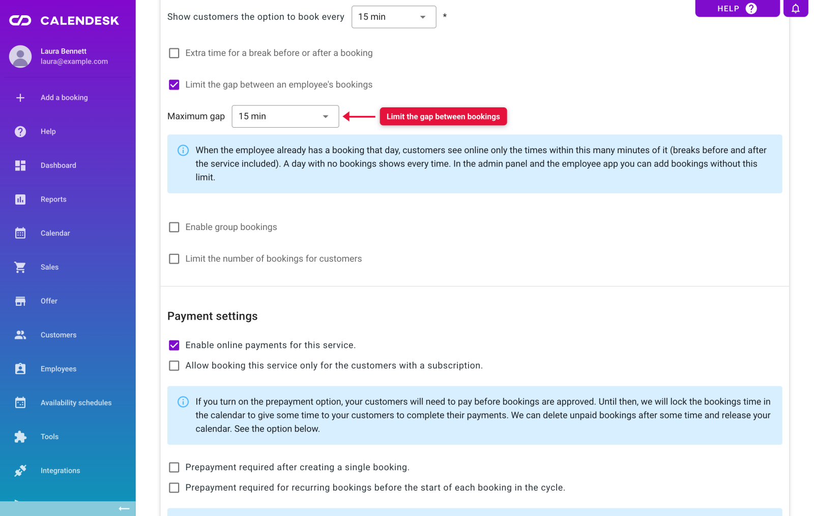 Maximum gap between bookings setting on a service