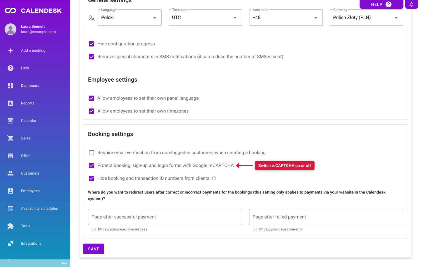 Google reCAPTCHA switch in the platform settings