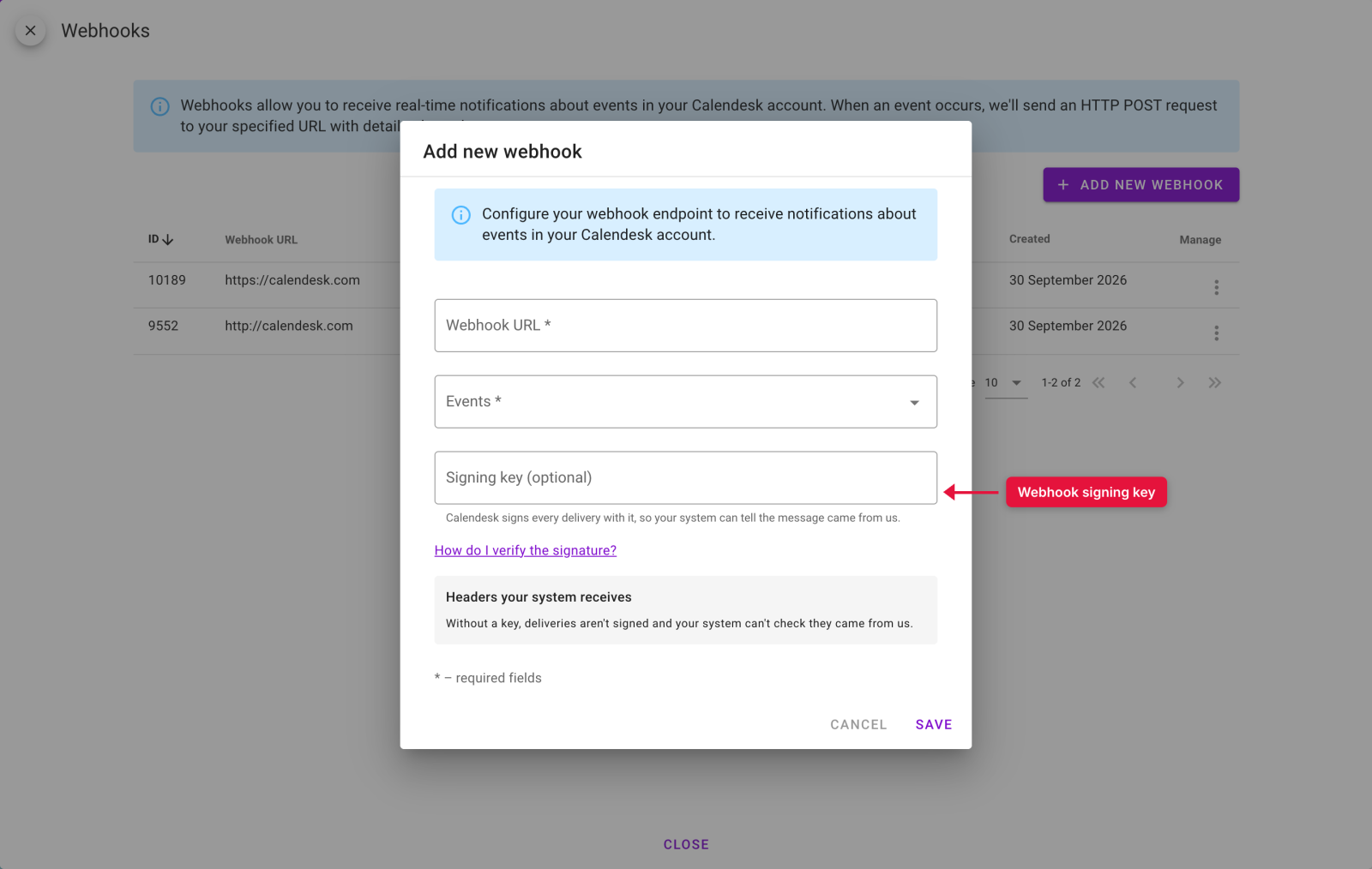 Signing key field in the webhook settings