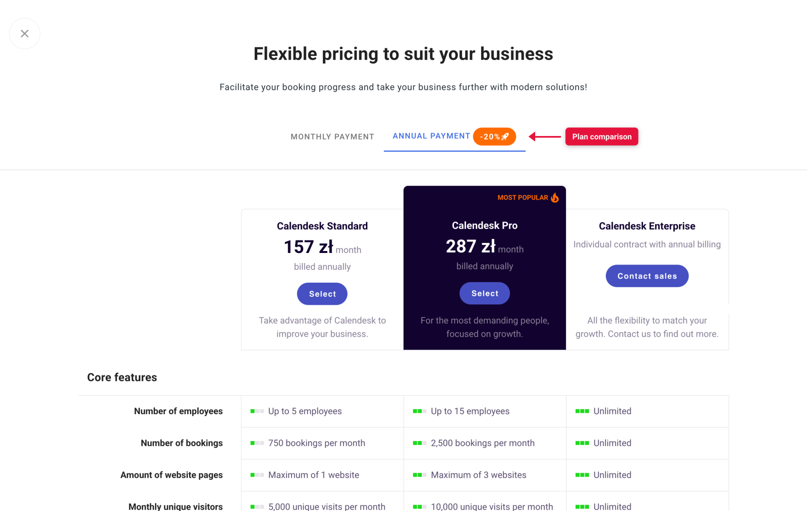 Plan comparison in the change-plan dialog