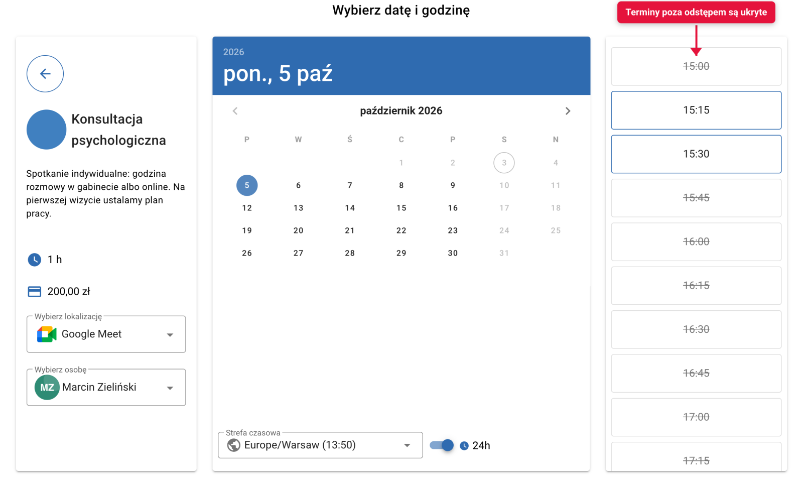 Strona rezerwacji z przekreślonymi terminami poza odstępem