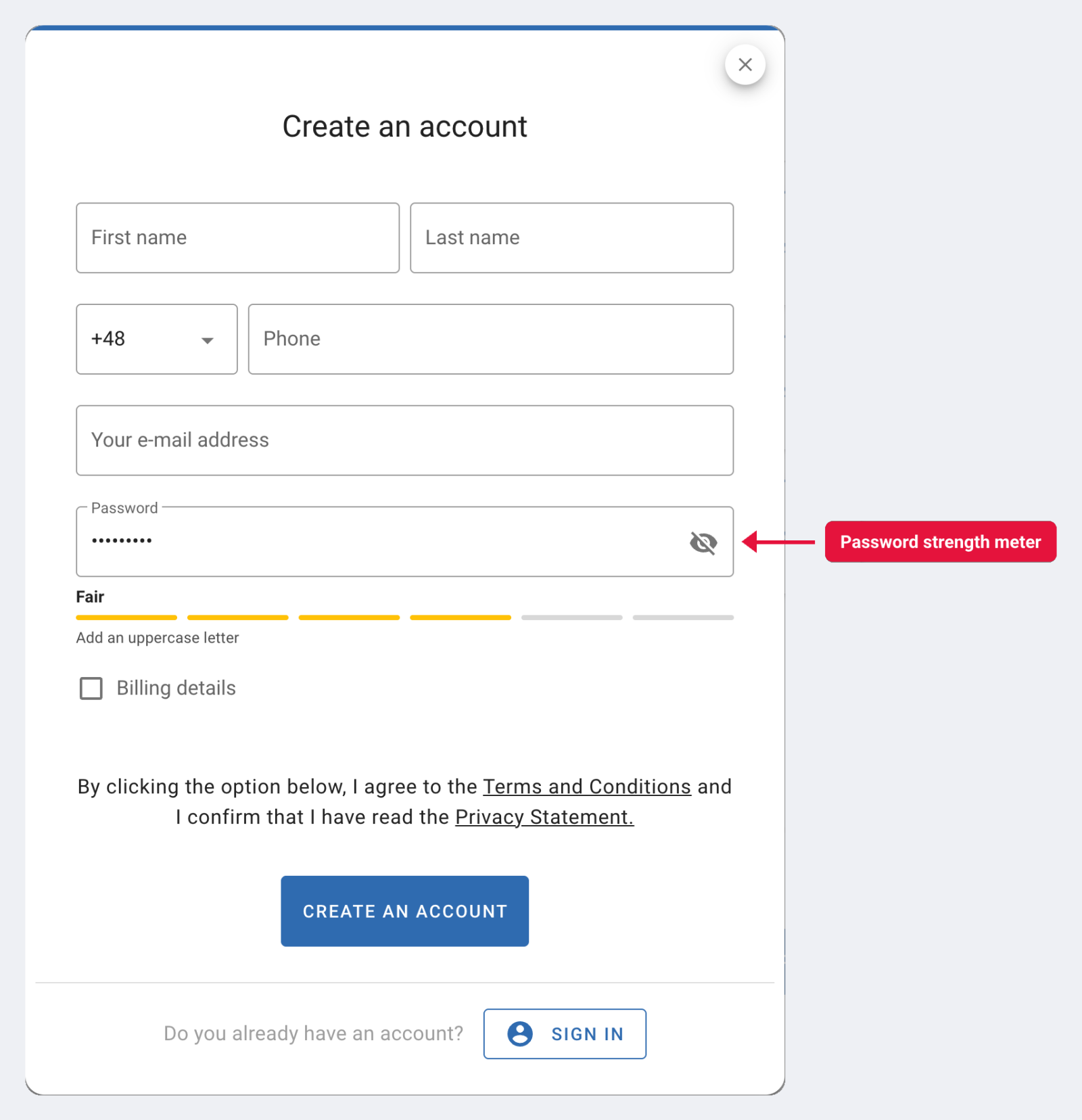 Password strength meter under the password field on the booking site