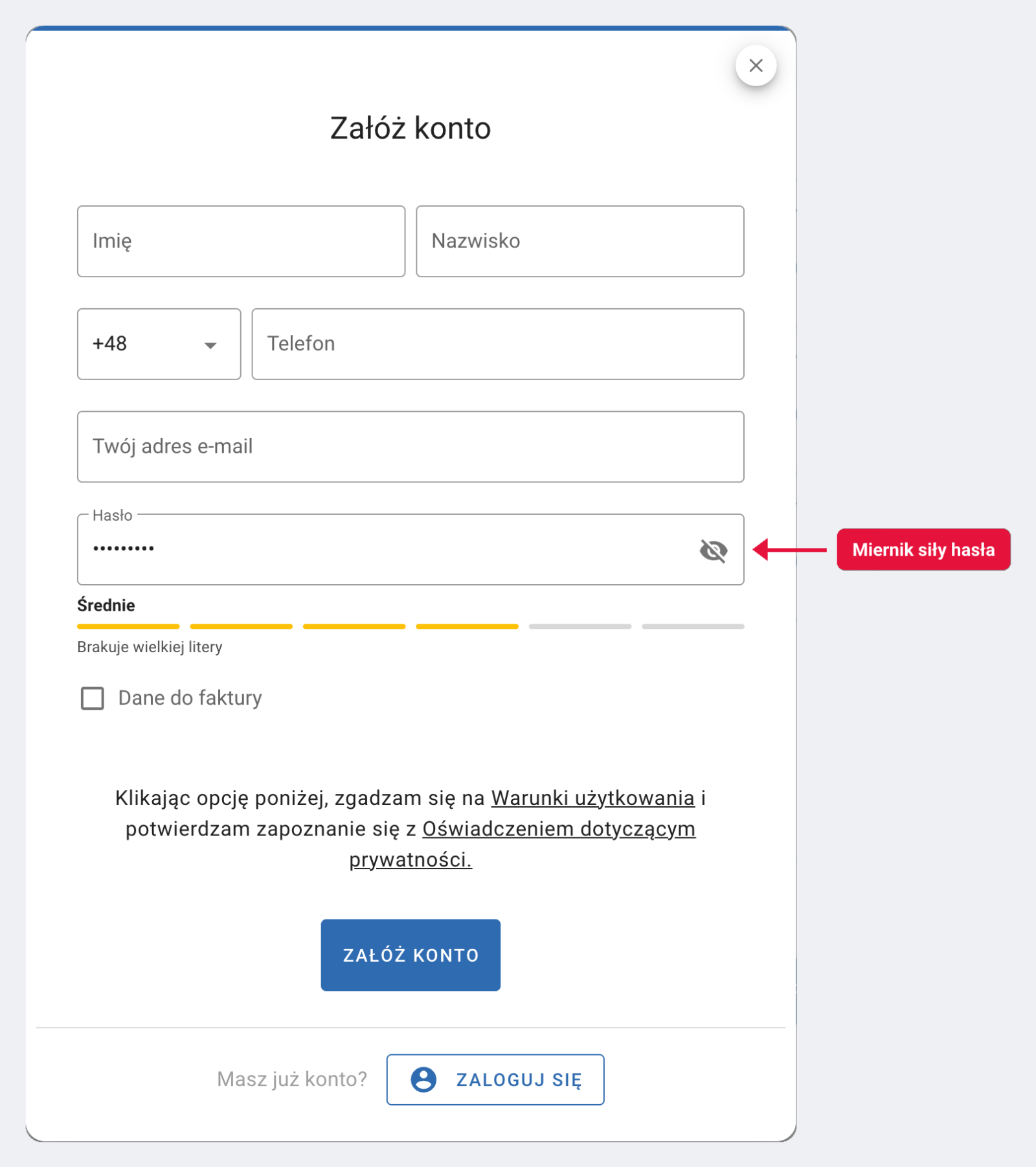 Miernik siły hasła pod polem hasła na stronie rezerwacji