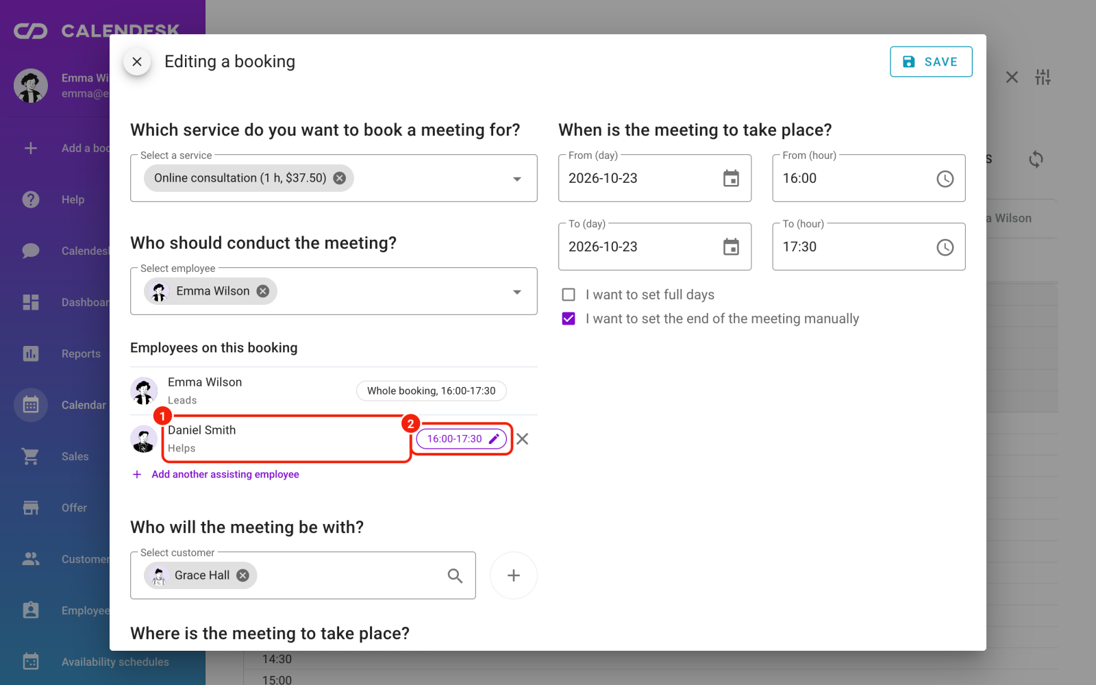 Booking window with an assisting employee and their help time