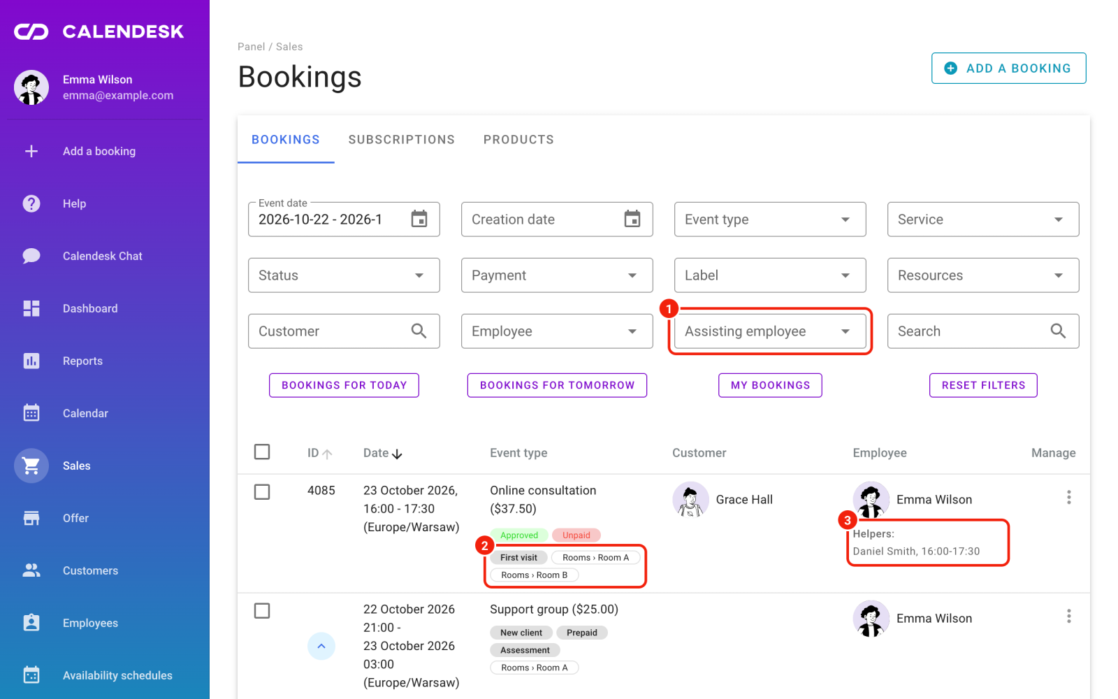 Bookings list with labels and resources in the rows