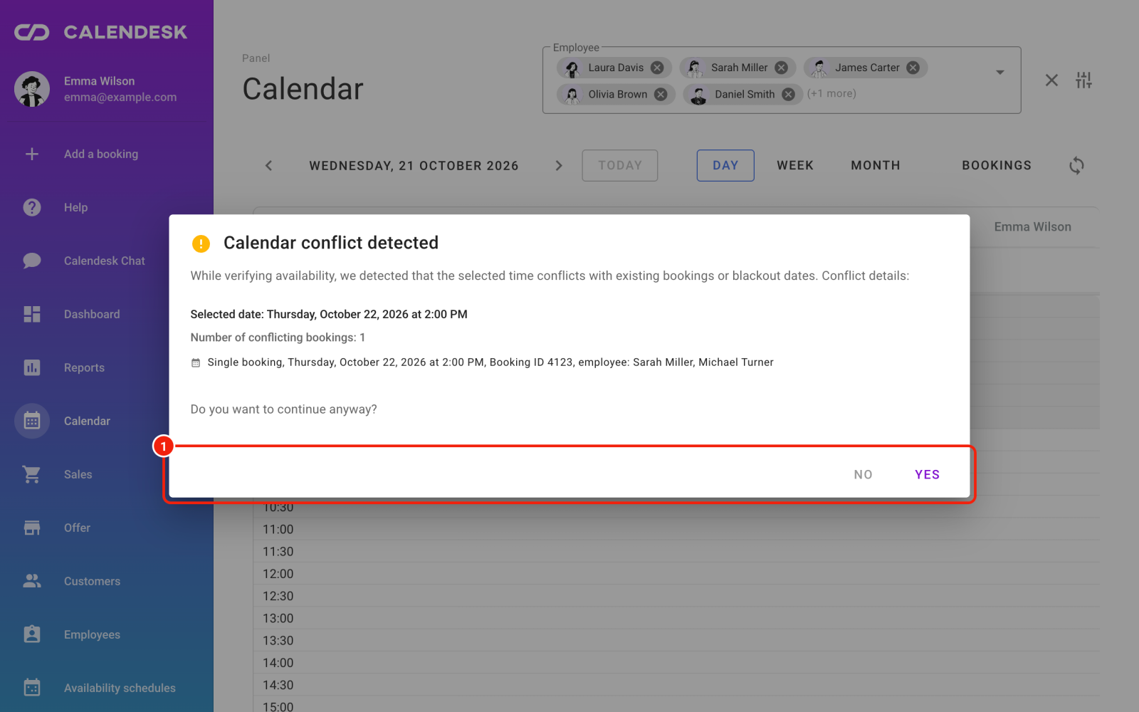 Conflict window after dragging a booking in the calendar