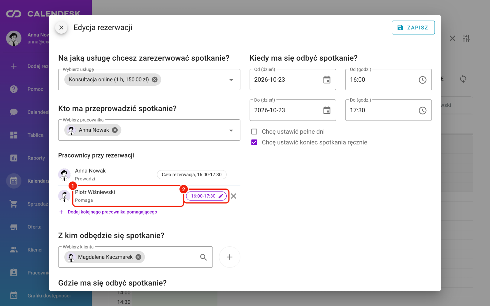 Okno rezerwacji z dodanym pracownikiem pomagającym i jego czasem pomocy