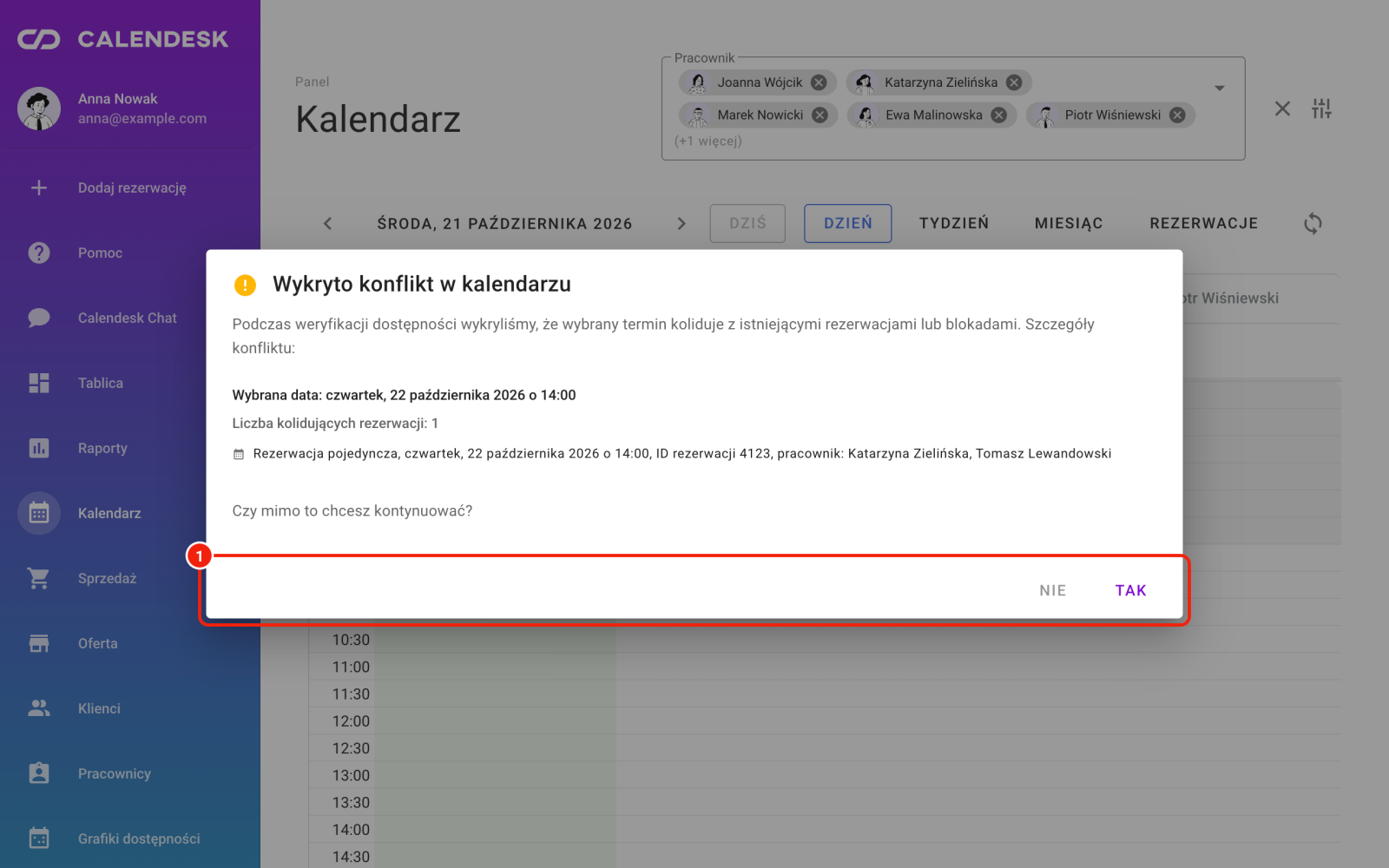 Okno z kolizją po przeciągnięciu wizyty w kalendarzu